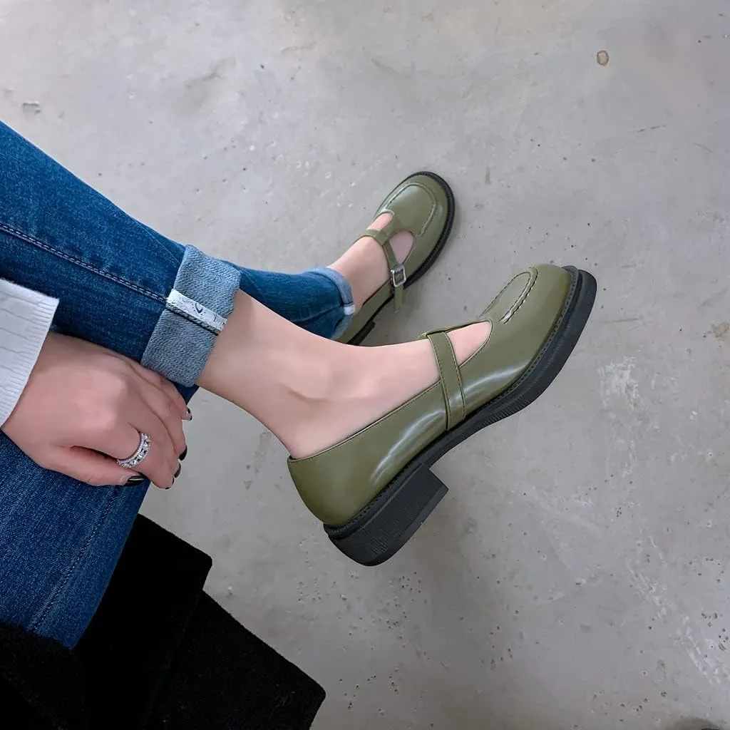 Women's Mary Jane T-Strap Oxford Shoes Flats Vintage Square Toe Leather Low Heel Girls Dress Shoe
