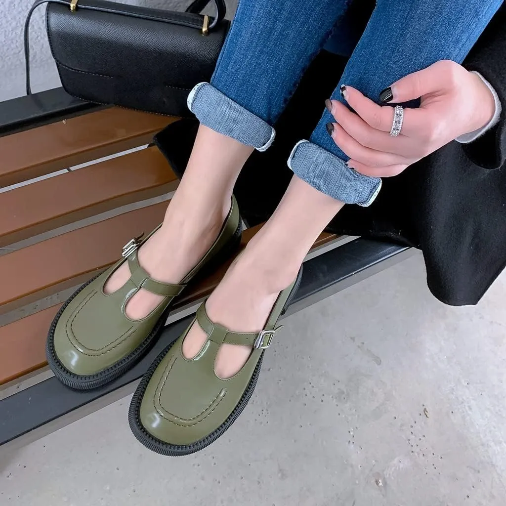 Women's Mary Jane T-Strap Oxford Shoes Flats Vintage Square Toe Leather Low Heel Girls Dress Shoe