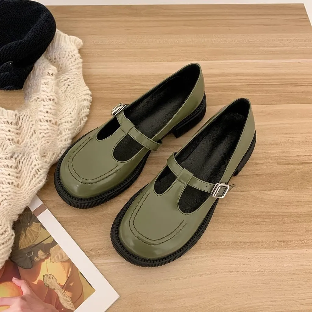 Women's Mary Jane T-Strap Oxford Shoes Flats Vintage Square Toe Leather Low Heel Girls Dress Shoe