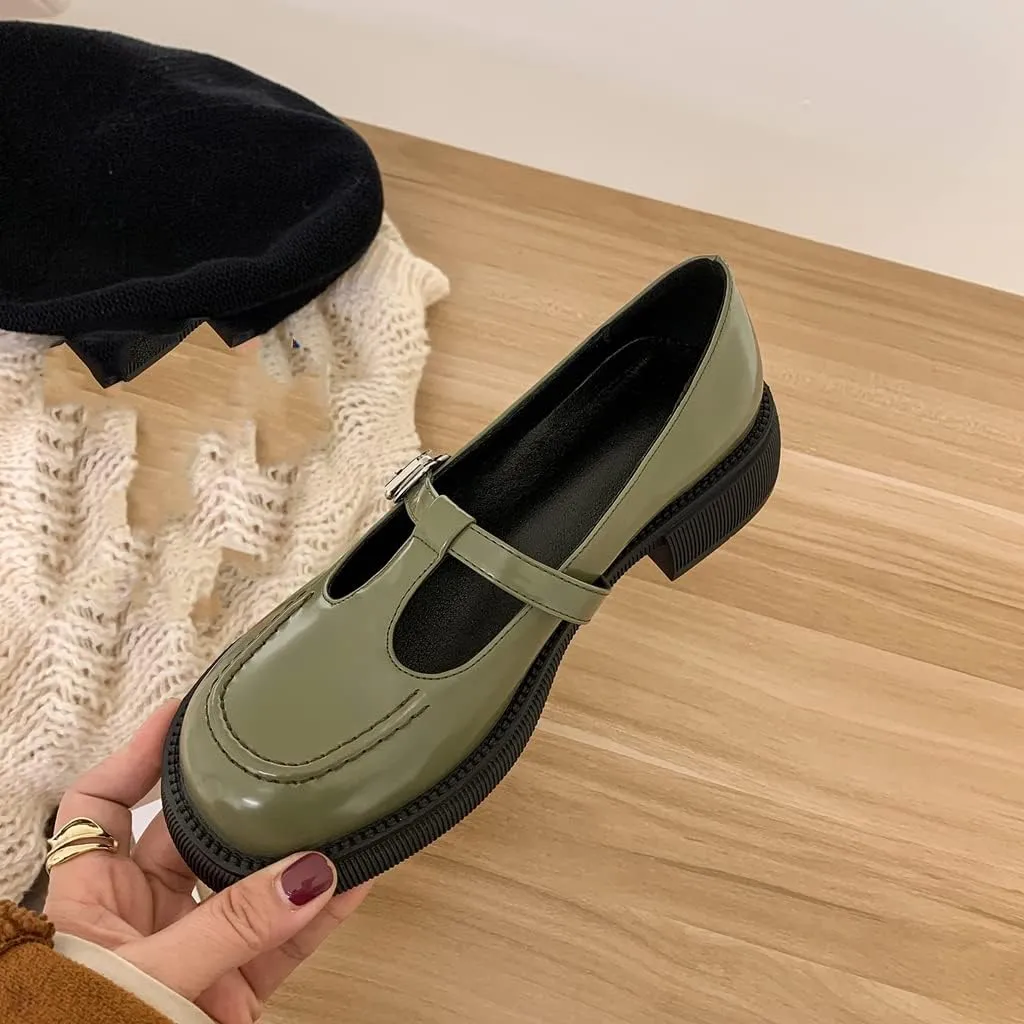 Women's Mary Jane T-Strap Oxford Shoes Flats Vintage Square Toe Leather Low Heel Girls Dress Shoe