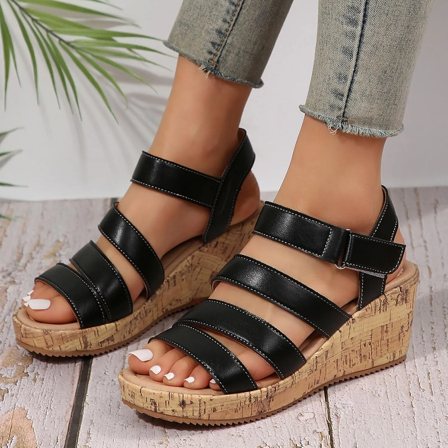 Womens Open Toe Sandals Comfortable Summer Wedge Shoes Non-Slip Ankle Strap Buckle Wedge Sandals Beach Shoes