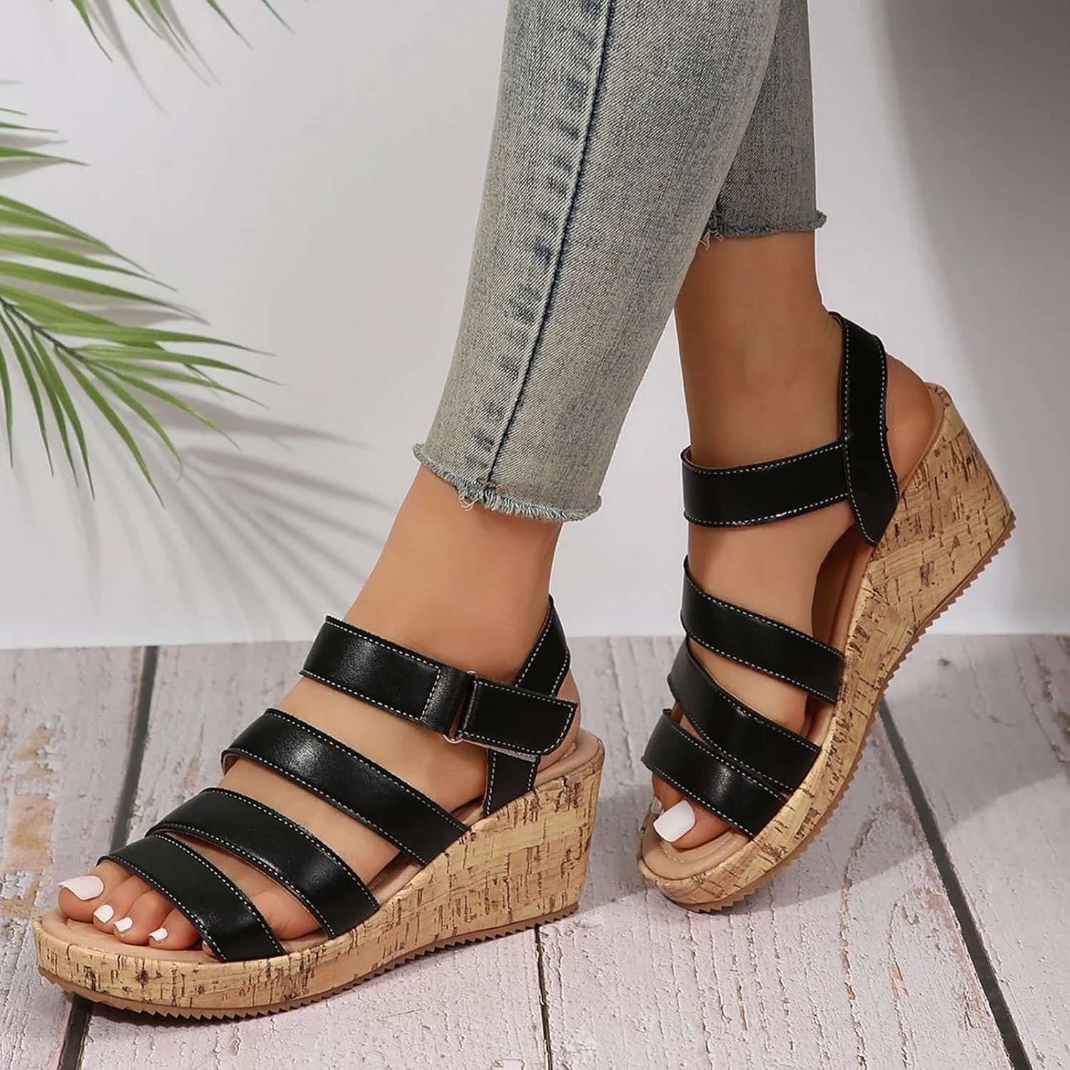 Womens Open Toe Sandals Comfortable Summer Wedge Shoes Non-Slip Ankle Strap Buckle Wedge Sandals Beach Shoes
