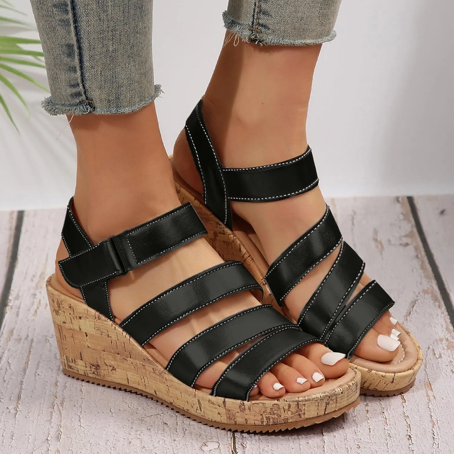 Womens Open Toe Sandals Comfortable Summer Wedge Shoes Non-Slip Ankle Strap Buckle Wedge Sandals Beach Shoes