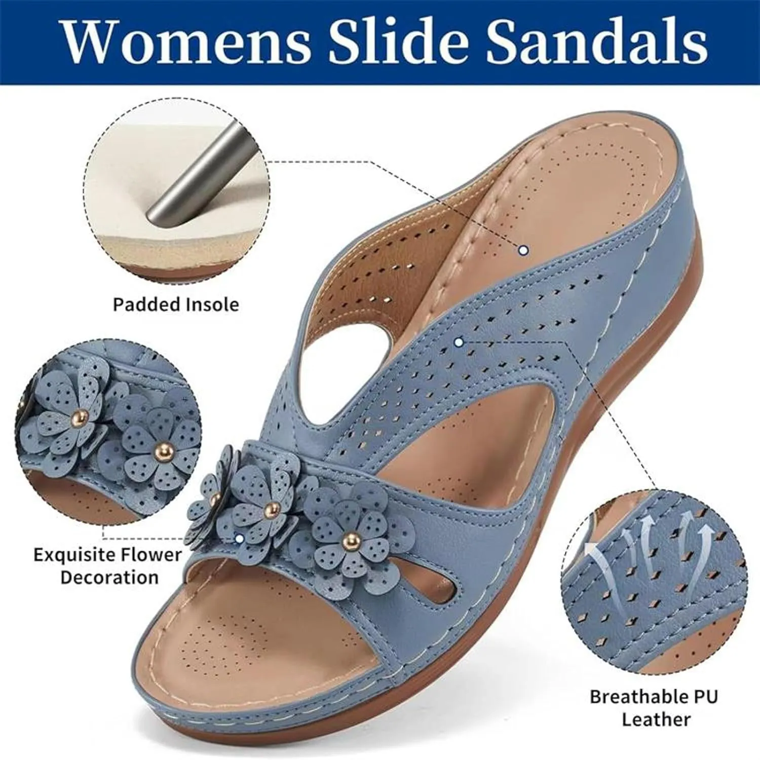 Women's Orthopedic Wedge Sandals - Blue Flip Flops - Wide Width - Dressy Casual Platform Thong Ankle Strap Sandals for Women