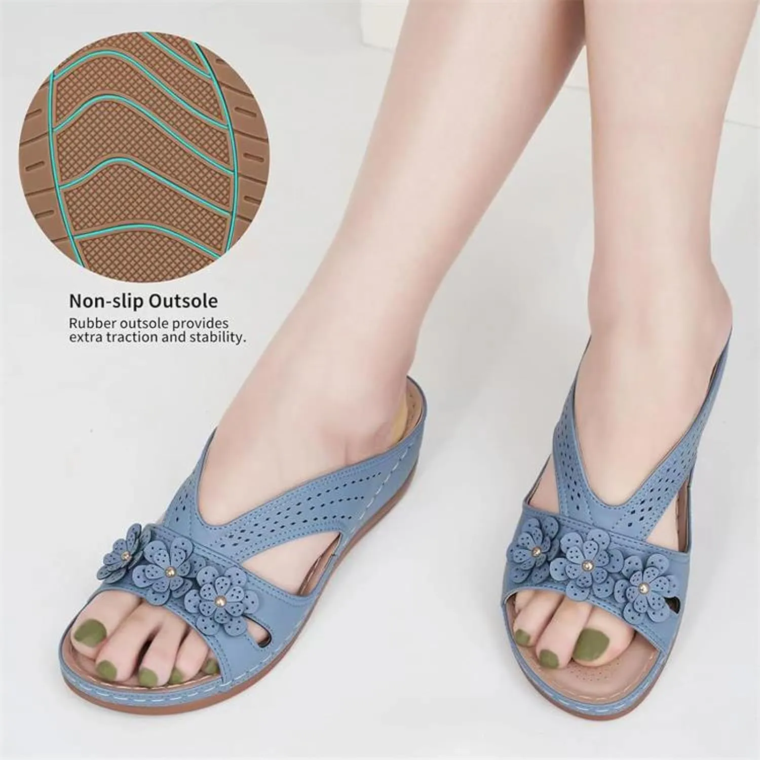 Women's Orthopedic Wedge Sandals - Blue Flip Flops - Wide Width - Dressy Casual Platform Thong Ankle Strap Sandals for Women