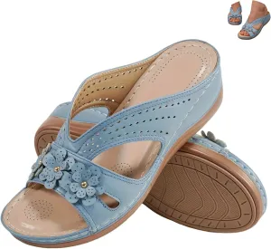 Women's Orthopedic Wedge Sandals - Blue Flip Flops - Wide Width - Dressy Casual Platform Thong Ankle Strap Sandals for Women