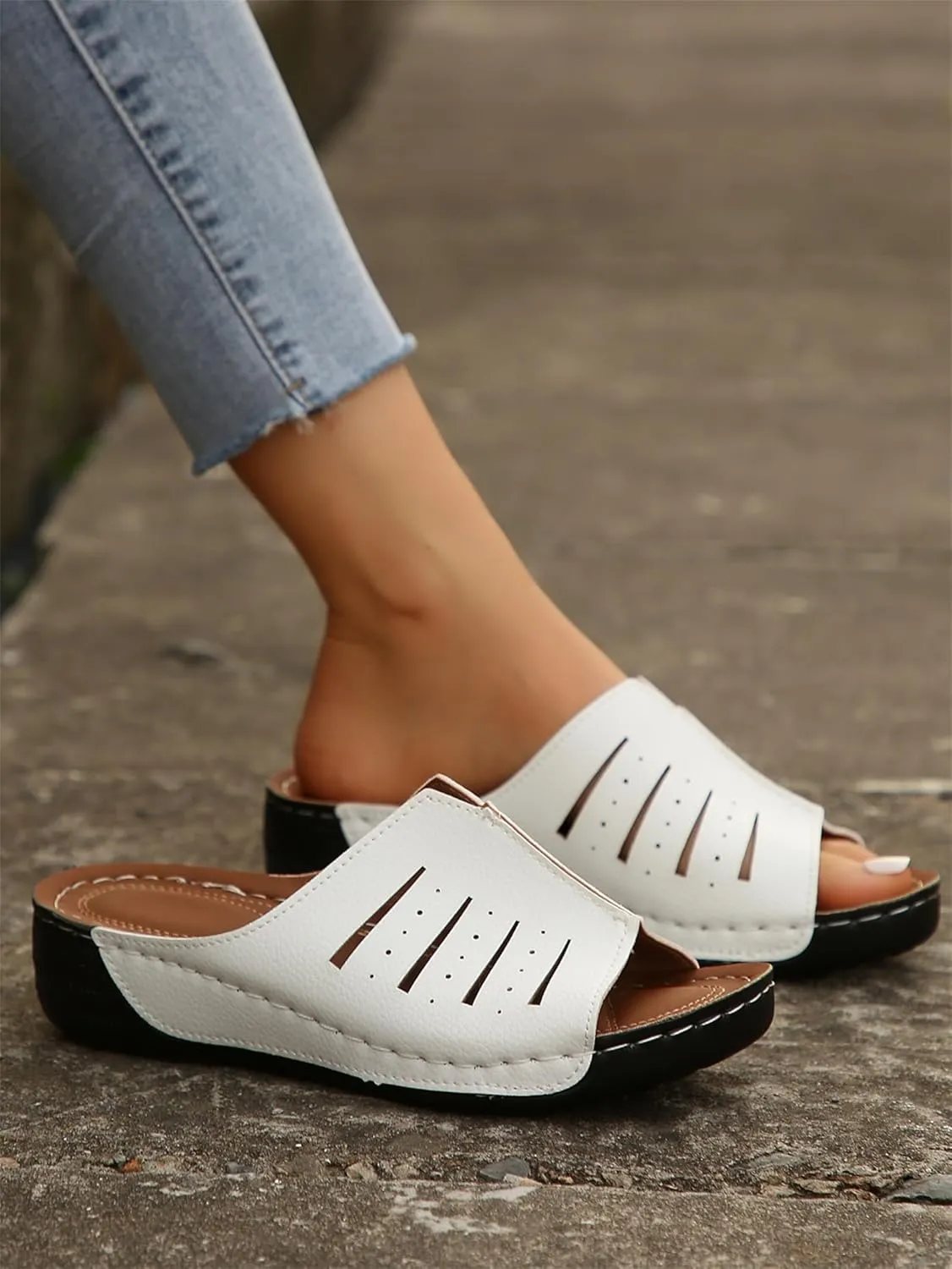 Womens Platform Sandals Orthopedic Arch Support Slip on Wedge Sandals Lightweight Leather Open Toe Slippers