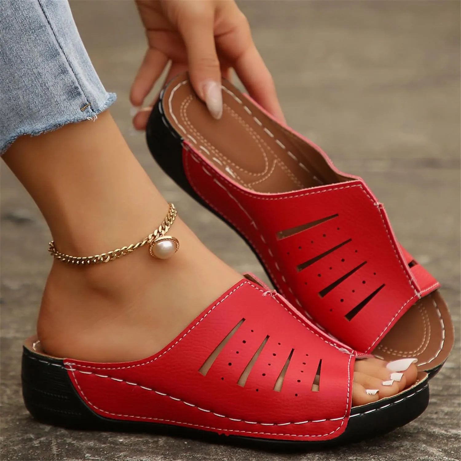 Womens Platform Sandals Orthopedic Arch Support Slip on Wedge Sandals Lightweight Leather Open Toe Slippers