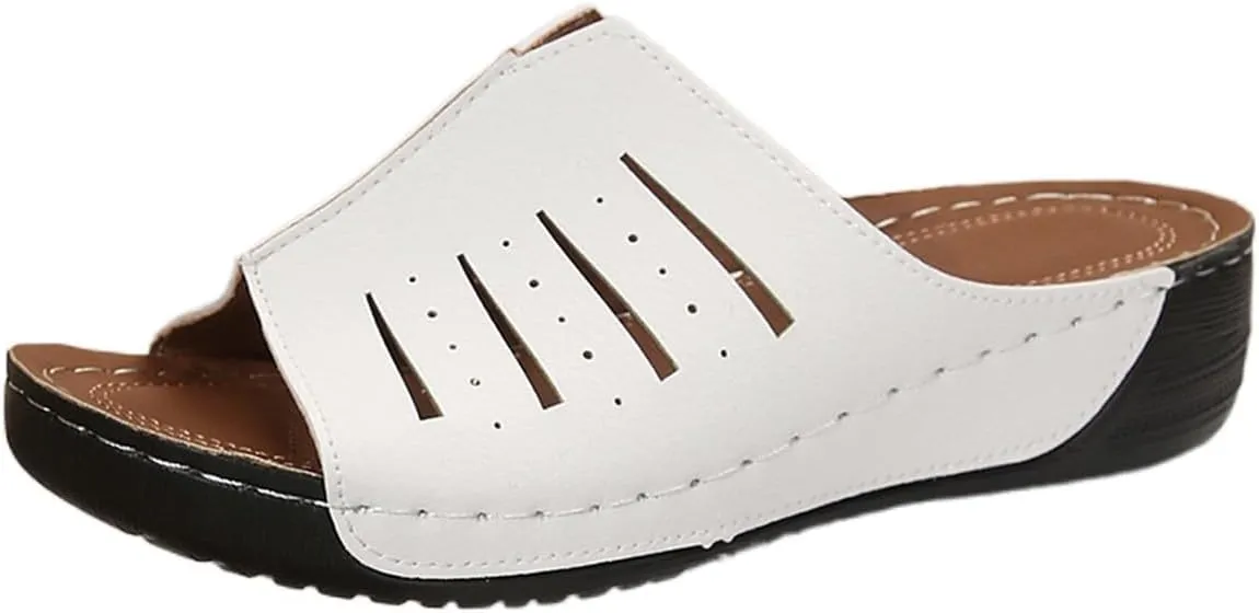 Womens Platform Sandals Orthopedic Arch Support Slip on Wedge Sandals Lightweight Leather Open Toe Slippers