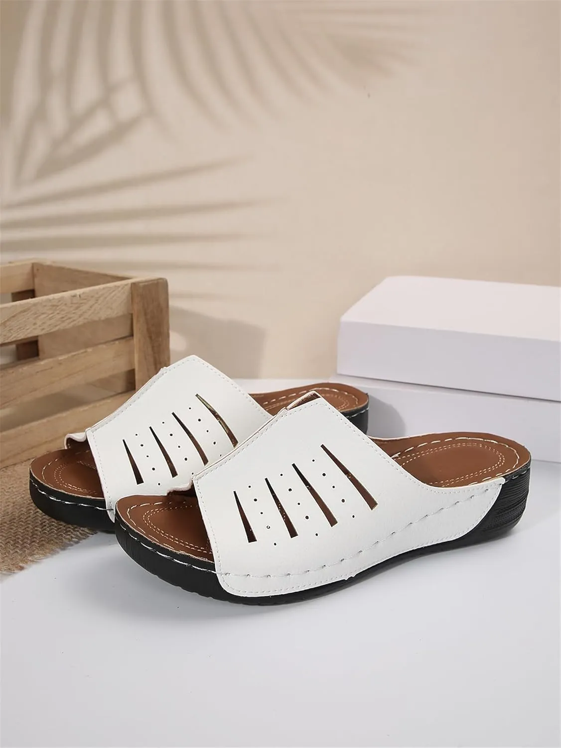 Womens Platform Sandals Orthopedic Arch Support Slip on Wedge Sandals Lightweight Leather Open Toe Slippers