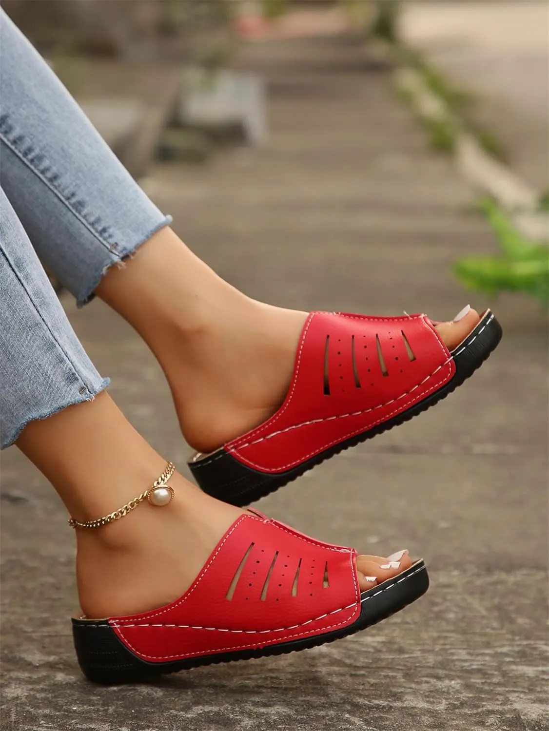Womens Platform Sandals Orthopedic Arch Support Slip on Wedge Sandals Lightweight Leather Open Toe Slippers