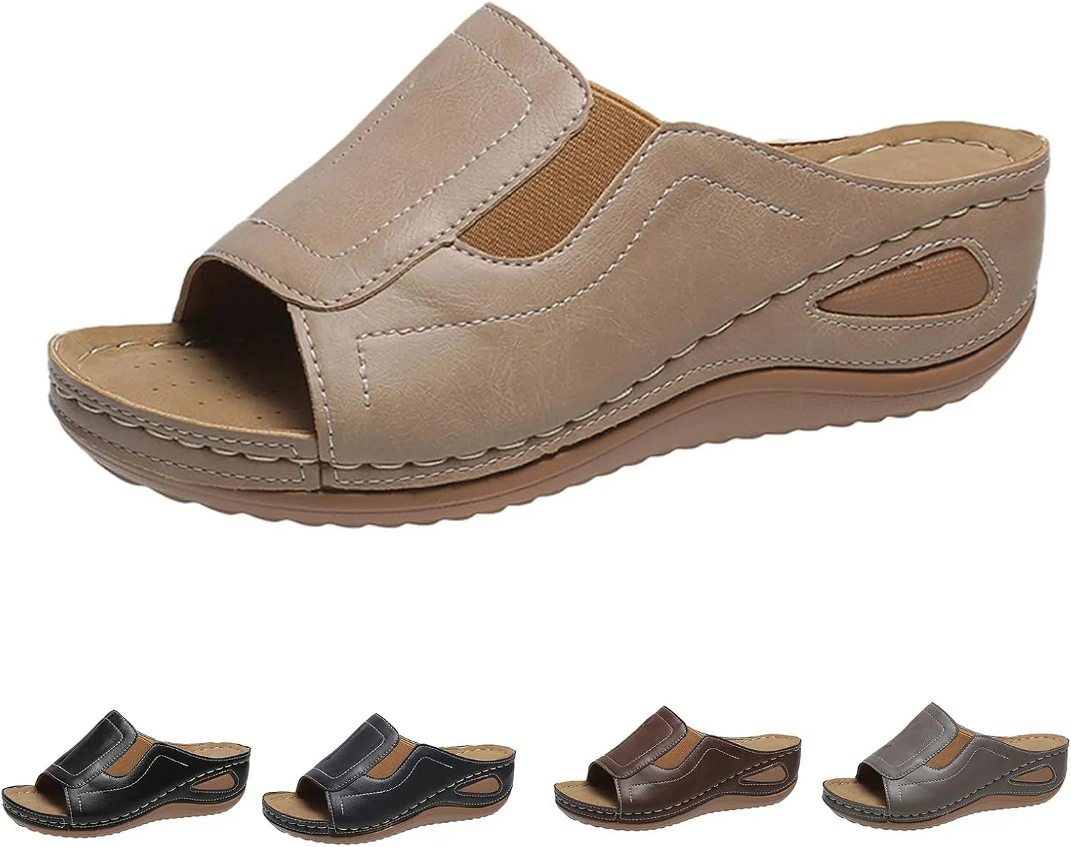 Women's Platform Sandals Summer Casual Comfort Air Cushion Leather Sandals Arch Support Slip on Wedge Slipper