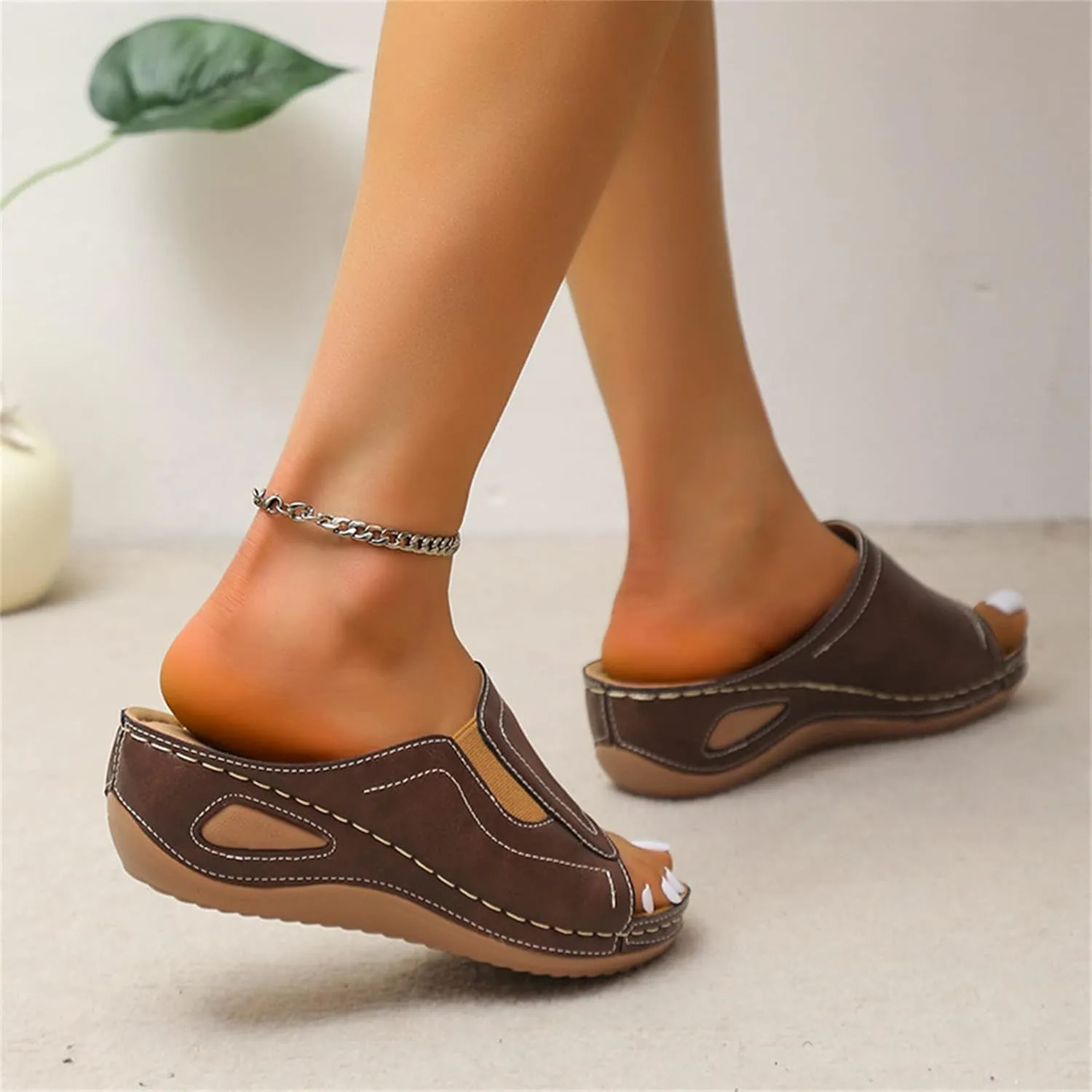 Women's Platform Sandals Summer Casual Comfort Air Cushion Leather Sandals Arch Support Slip on Wedge Slipper