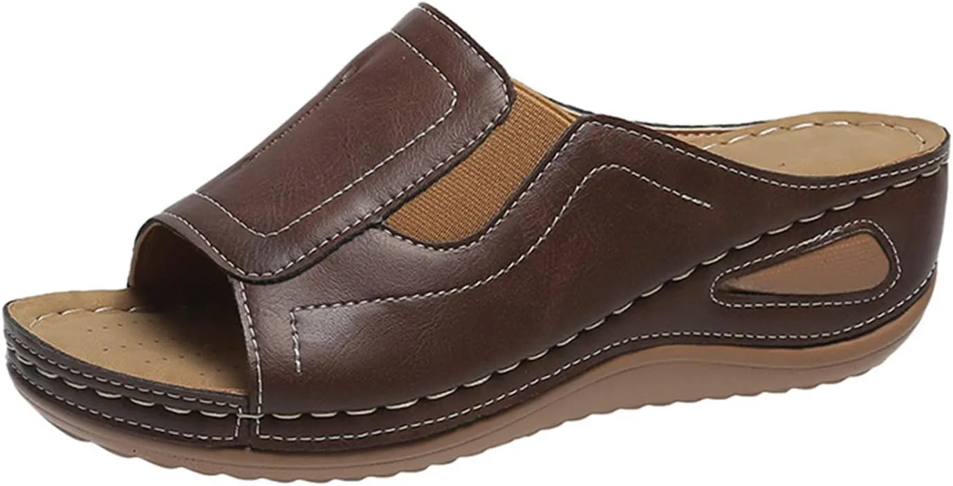 Women's Platform Sandals Summer Casual Comfort Air Cushion Leather Sandals Arch Support Slip on Wedge Slipper