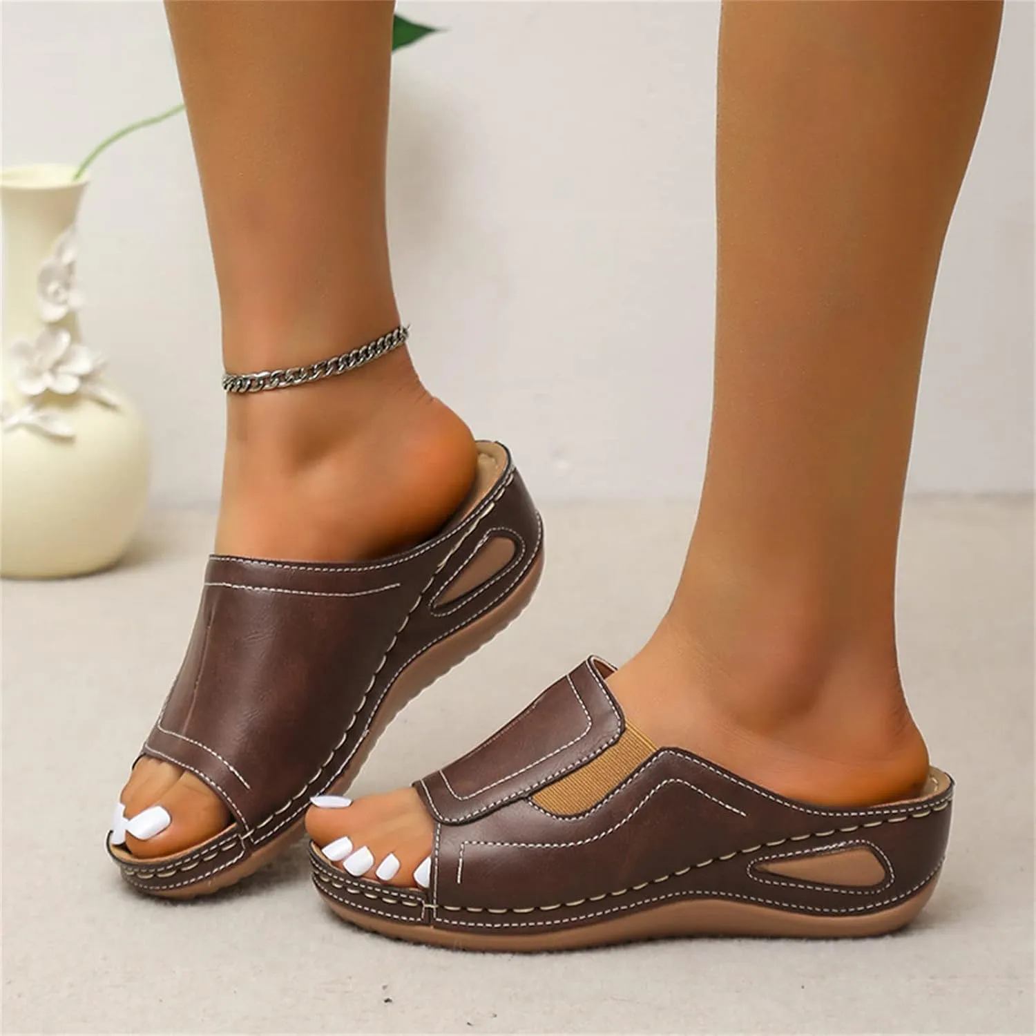 Women's Platform Sandals Summer Casual Comfort Air Cushion Leather Sandals Arch Support Slip on Wedge Slipper