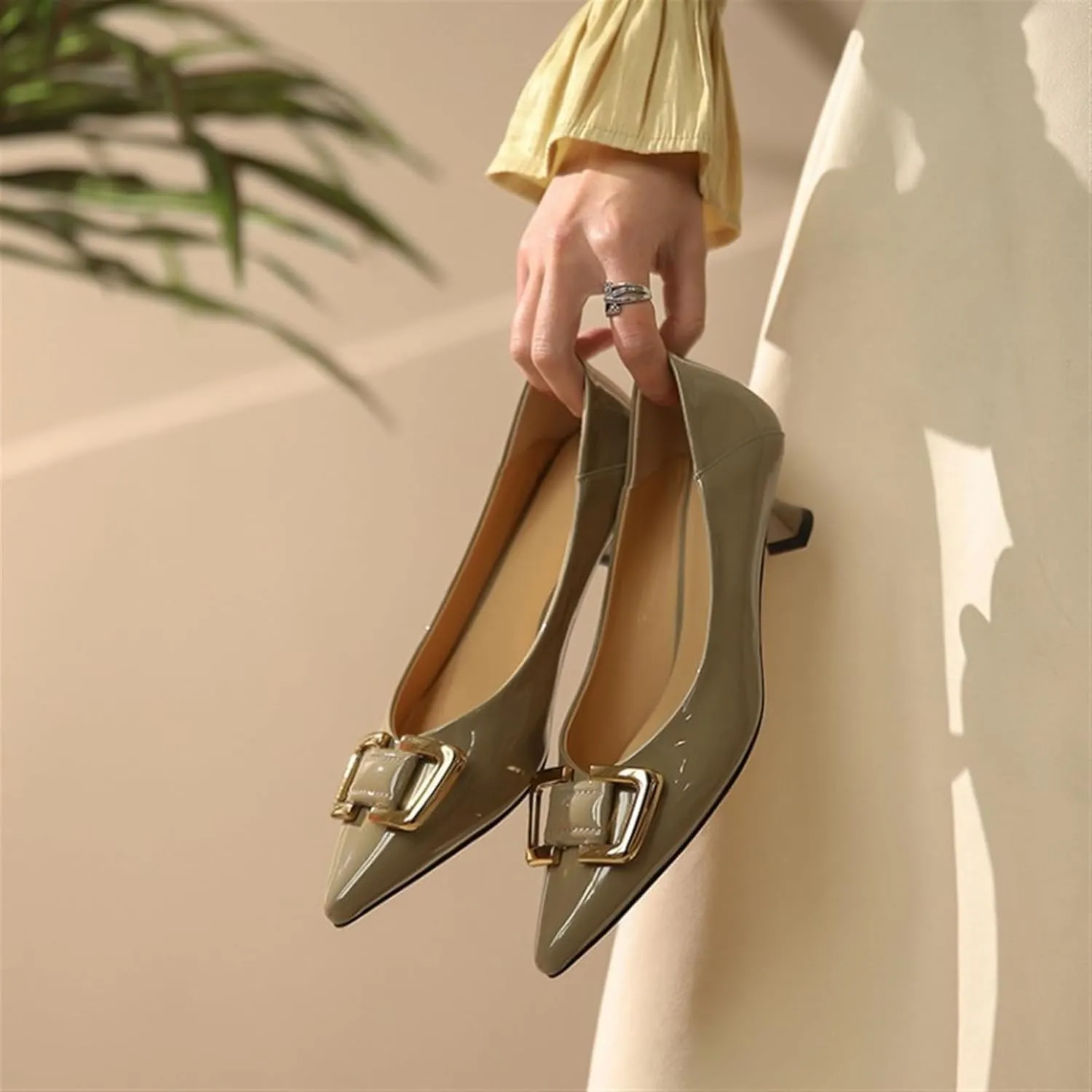 Women's Pointed Toe Buckle Loafers Fashion Slip-Ons Flat Heel Shoes Ladies Dwarf Chunky Heel PU Leather Solid Backless Sandals Nurse Walking Driving Moccasins