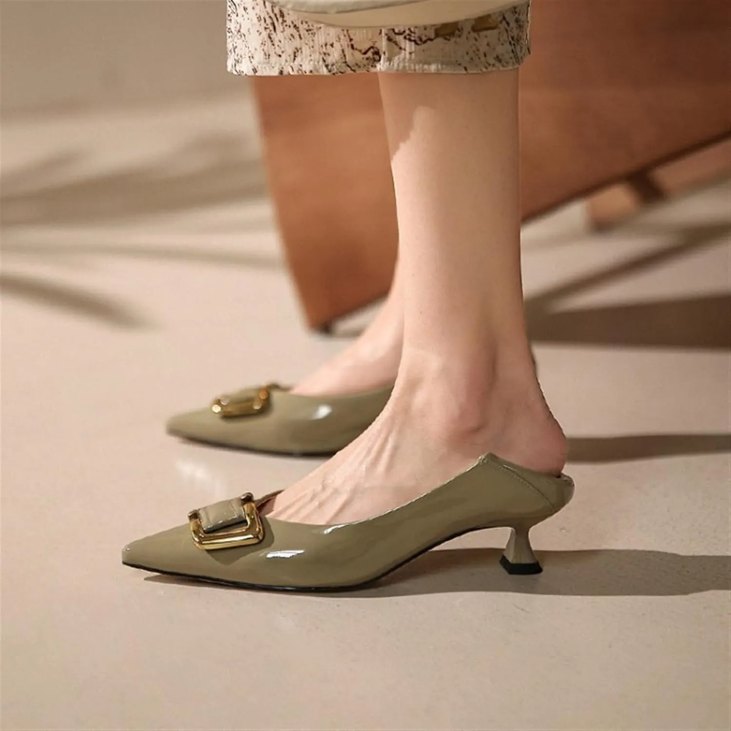 Women's Pointed Toe Buckle Loafers Fashion Slip-Ons Flat Heel Shoes Ladies Dwarf Chunky Heel PU Leather Solid Backless Sandals Nurse Walking Driving Moccasins