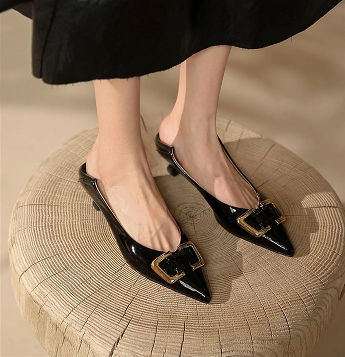 Women's Pointed Toe Buckle Loafers Fashion Slip-Ons Flat Heel Shoes Ladies Dwarf Chunky Heel PU Leather Solid Backless Sandals Nurse Walking Driving Moccasins