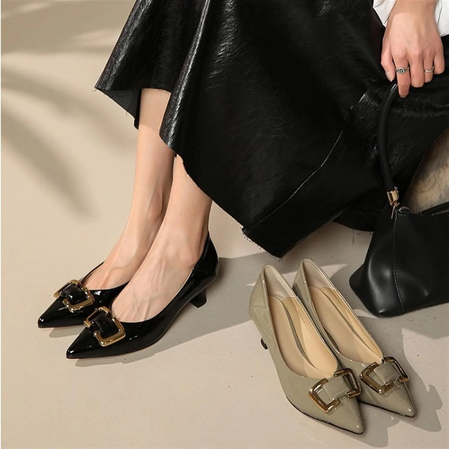 Women's Pointed Toe Buckle Loafers Fashion Slip-Ons Flat Heel Shoes Ladies Dwarf Chunky Heel PU Leather Solid Backless Sandals Nurse Walking Driving Moccasins