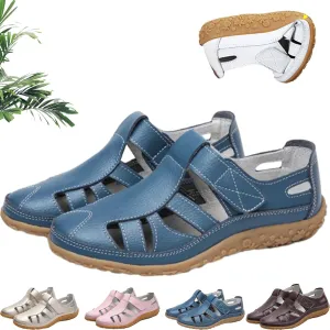 Women's Retro Flat Genuine Leather Non-Slip Sandals, Summer Hollow Out Adjustable Closed Toe Loafers Sandals Soft Leather Casual Walking Driving Shoes for Women