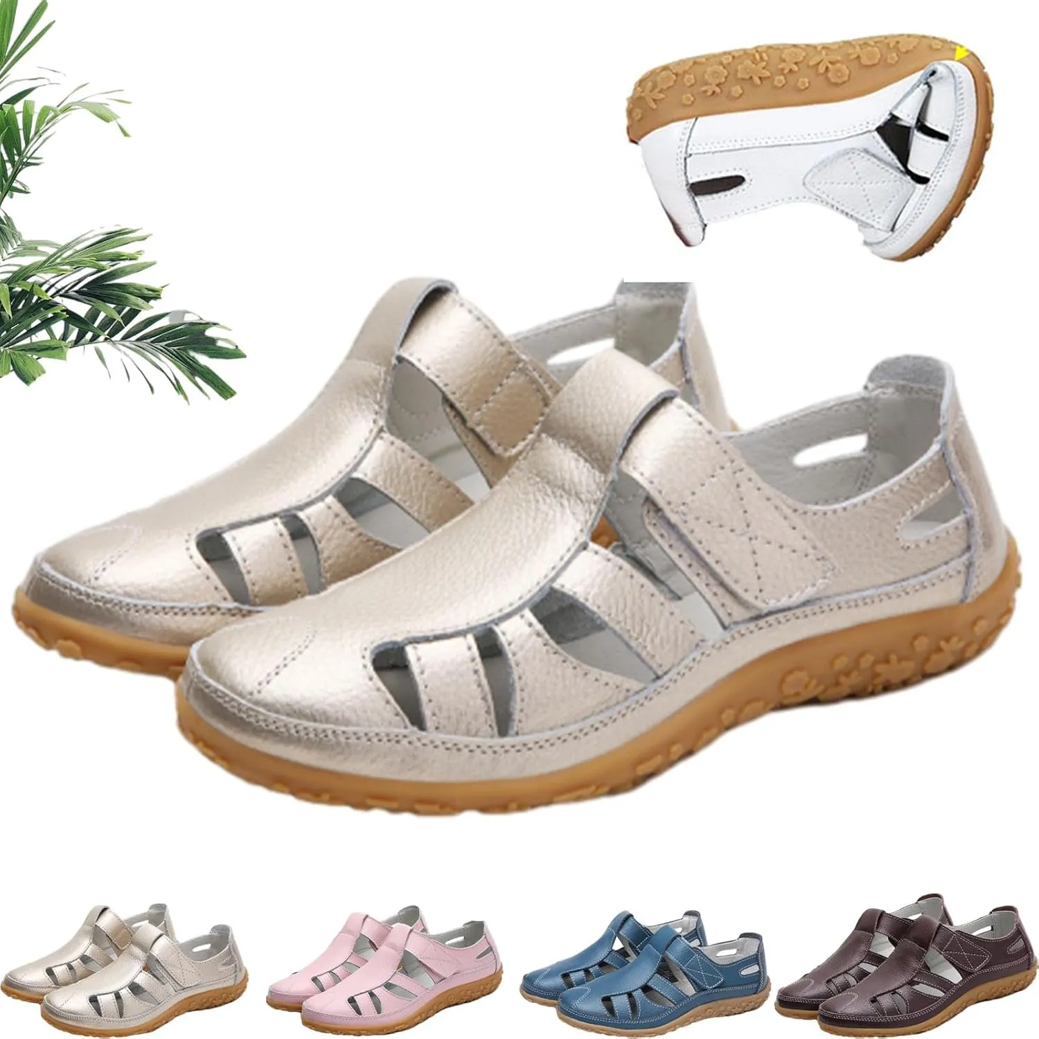 Women's Retro Flat Genuine Leather Non-Slip Sandals, Summer Hollow Out Adjustable Closed Toe Loafers Sandals Soft Leather Casual Walking Driving Shoes for Women