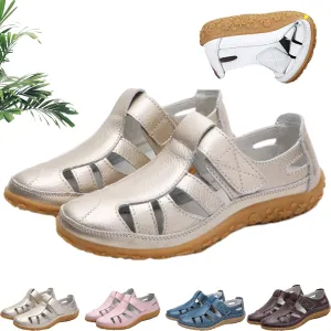 Women's Retro Flat Genuine Leather Non-Slip Sandals, Summer Hollow Out Adjustable Closed Toe Loafers Sandals Soft Leather Casual Walking Driving Shoes for Women