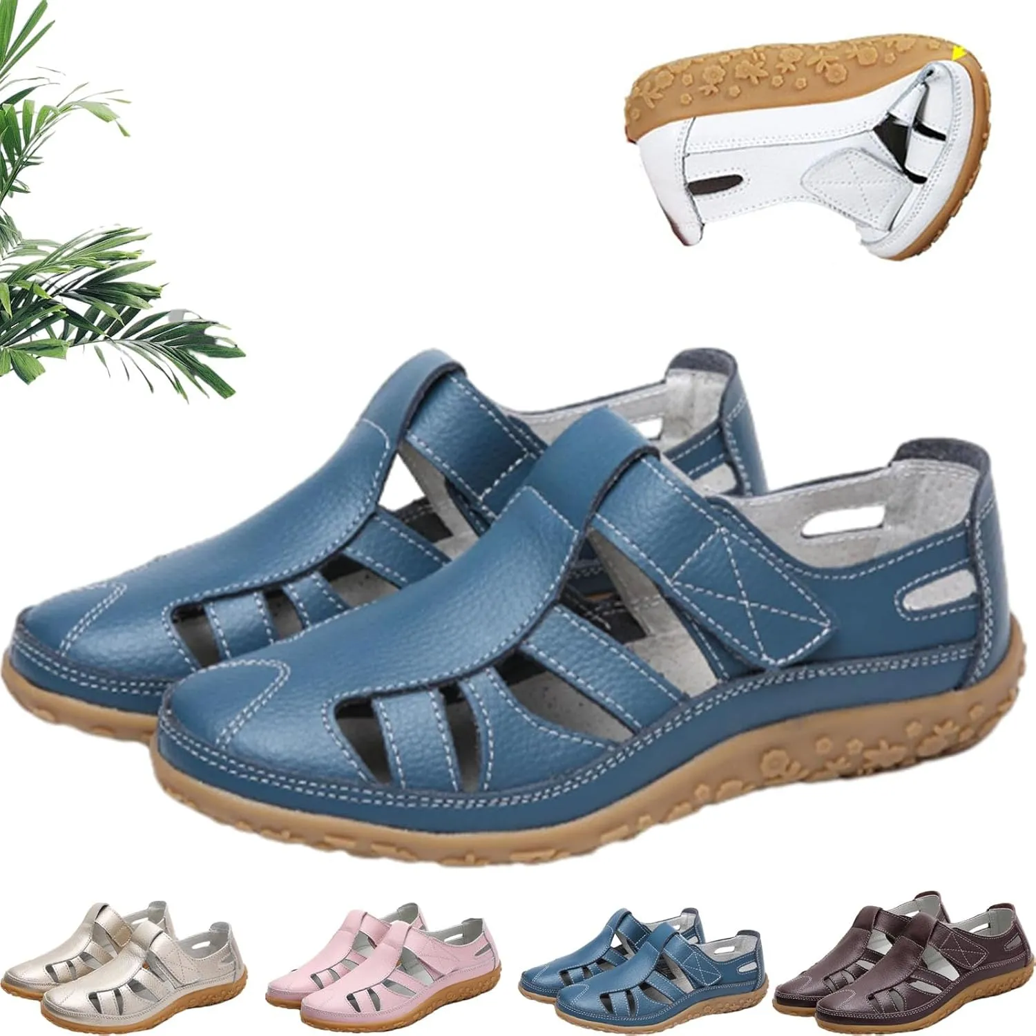 Women's Retro Flat Genuine Leather Non-Slip Sandals, Summer Hollow Out Adjustable Closed Toe Loafers Sandals Soft Leather Casual Walking Driving Shoes for Women