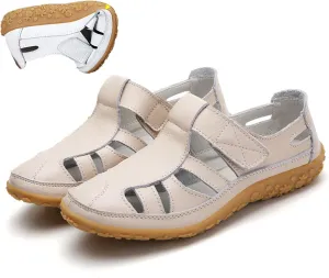 Women's Retro Flat Genuine Leather Non-slip Sandals,Ladies Closed Toe Sandals,Soft Leather Casual Walking Driving Shoes