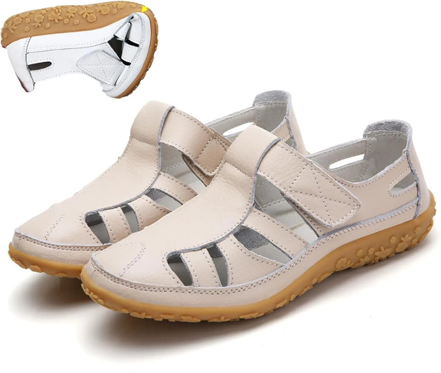 Women's Retro Flat Genuine Leather Non-slip Sandals,Ladies Closed Toe Sandals,Soft Leather Casual Walking Driving Shoes