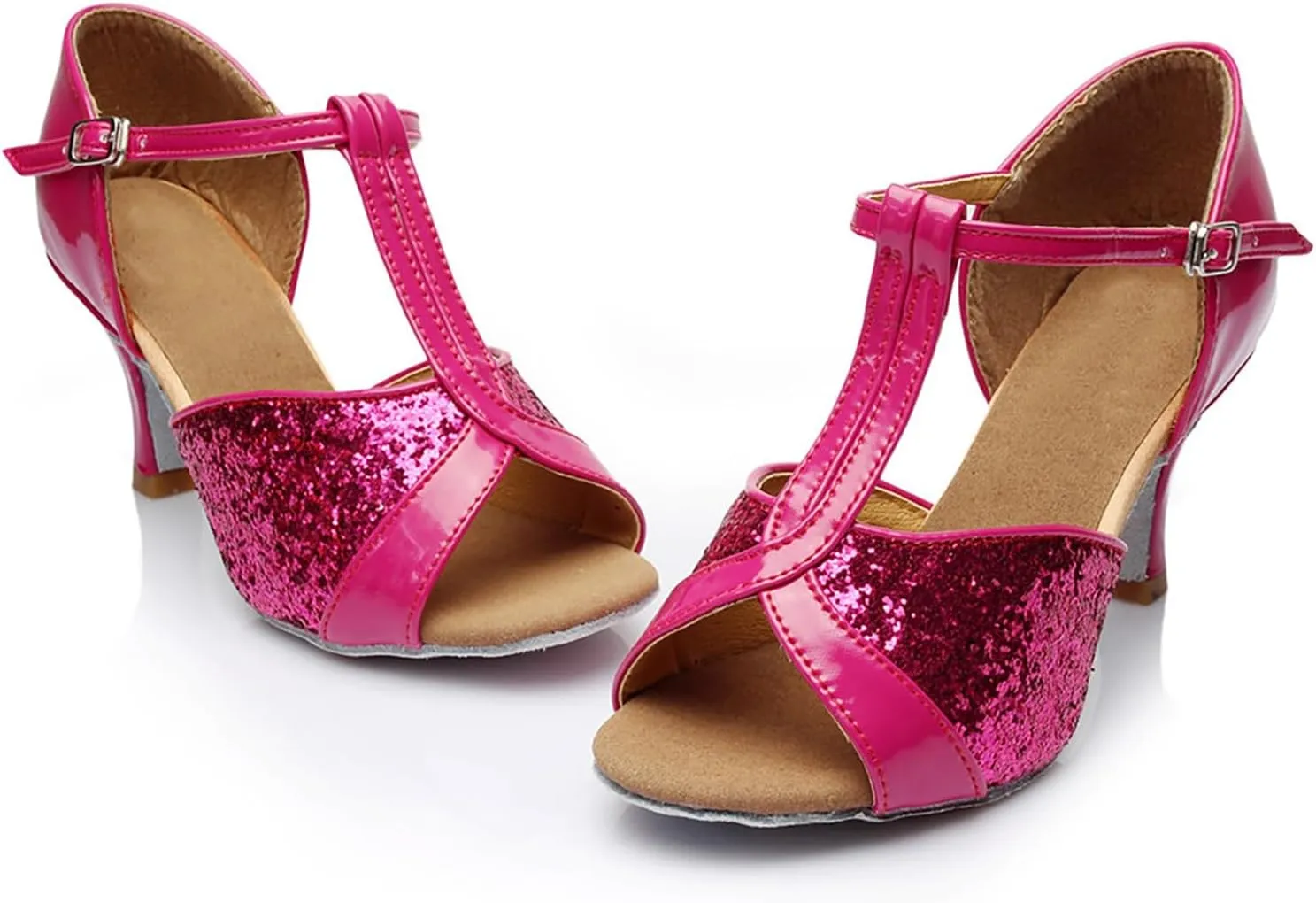 Womens Sandals Buckle Latin Dance Shoes Suede Sole Wedding Performance Dance Summer Open Toe Mid Heels Shoes