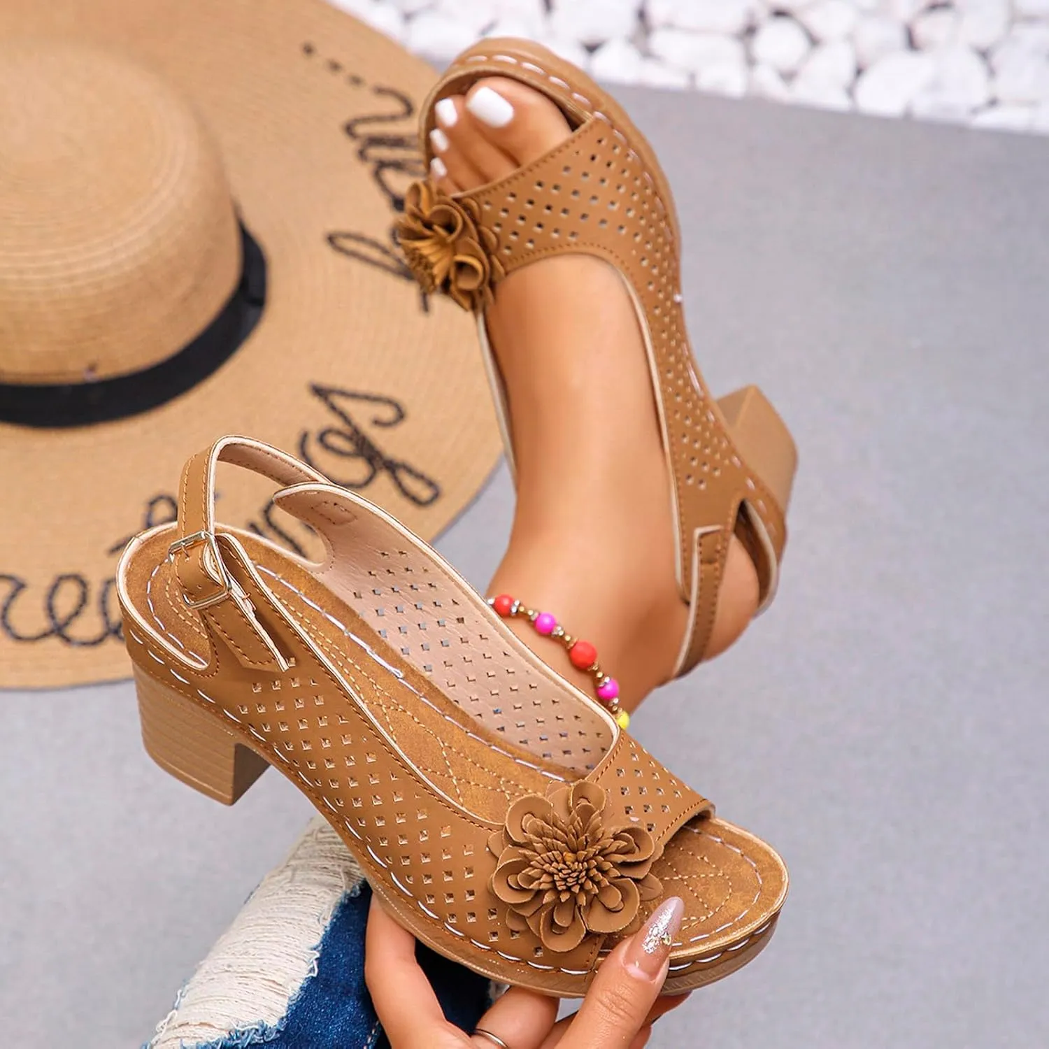 Women's Sandals Summer Open Toe Ankle Buckle Heel Cut Out Vamp Peep Toe Sandals Slingback Casual Solid Color Hollow Out Floral Sandal Dressy Wedding Dance Shoes 2025
