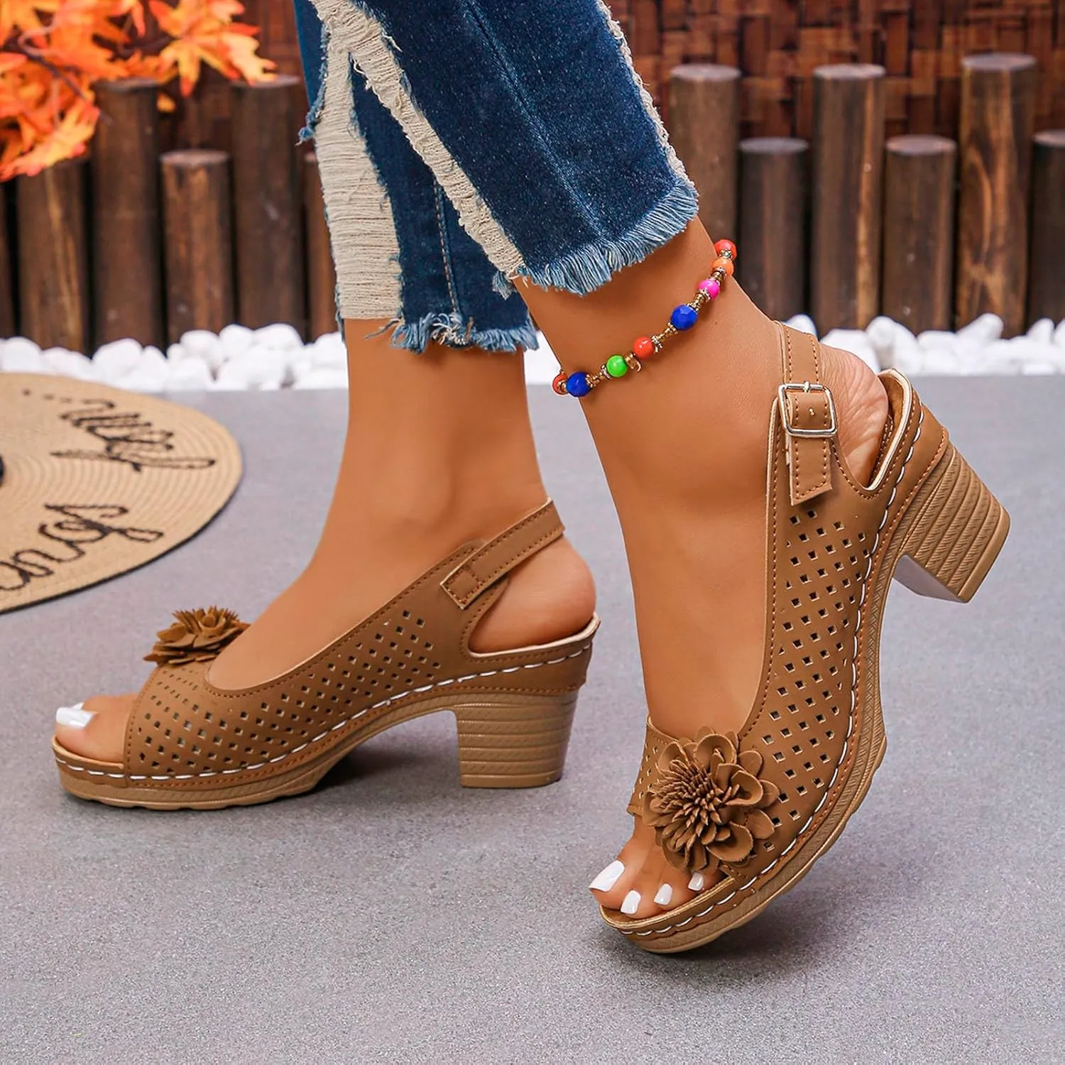 Women's Sandals Summer Open Toe Ankle Buckle Heel Cut Out Vamp Peep Toe Sandals Slingback Casual Solid Color Hollow Out Floral Sandal Dressy Wedding Dance Shoes 2025