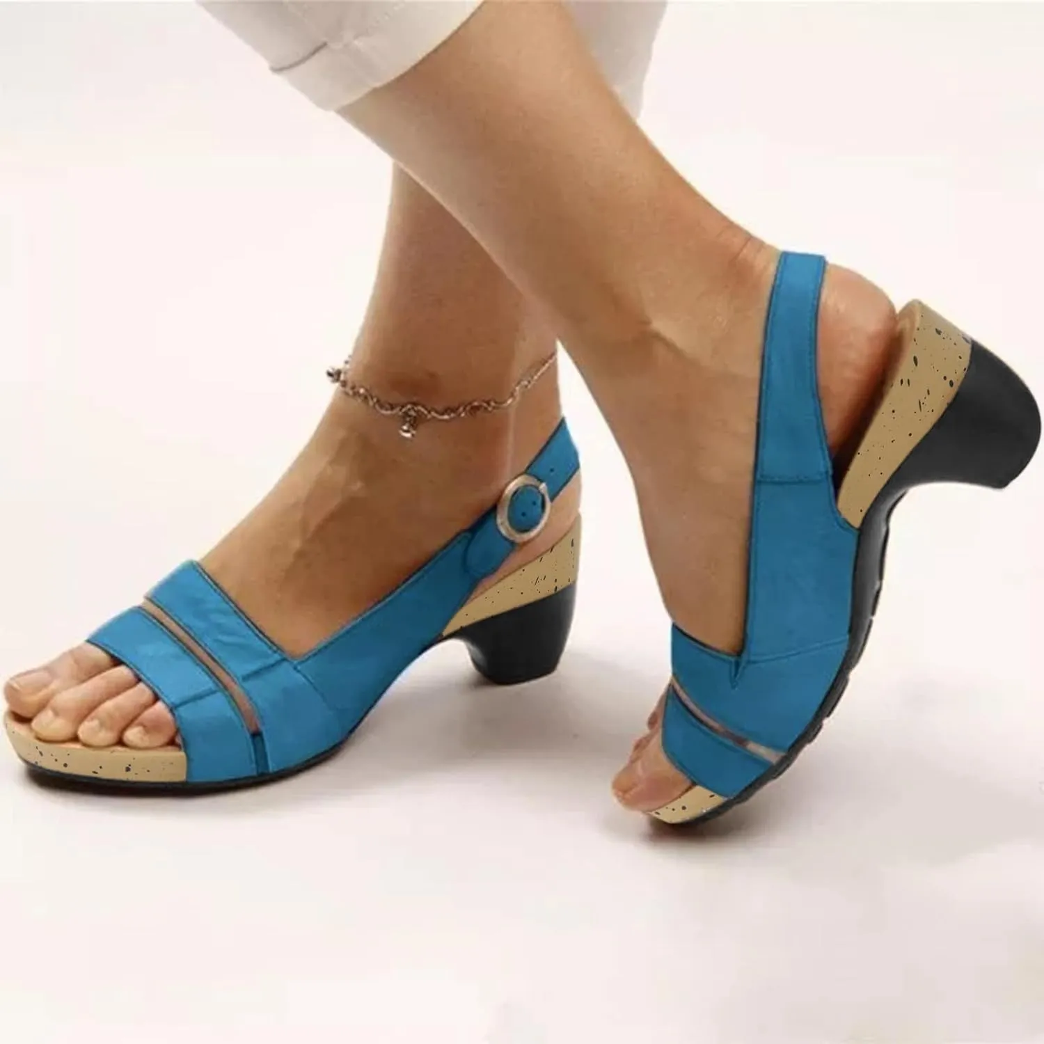 Womens Sexy High Chunky Heels Open Toe Platform Block Slingback Dress Pumps Shoes Glitter Elegant Comfortable Low Pump