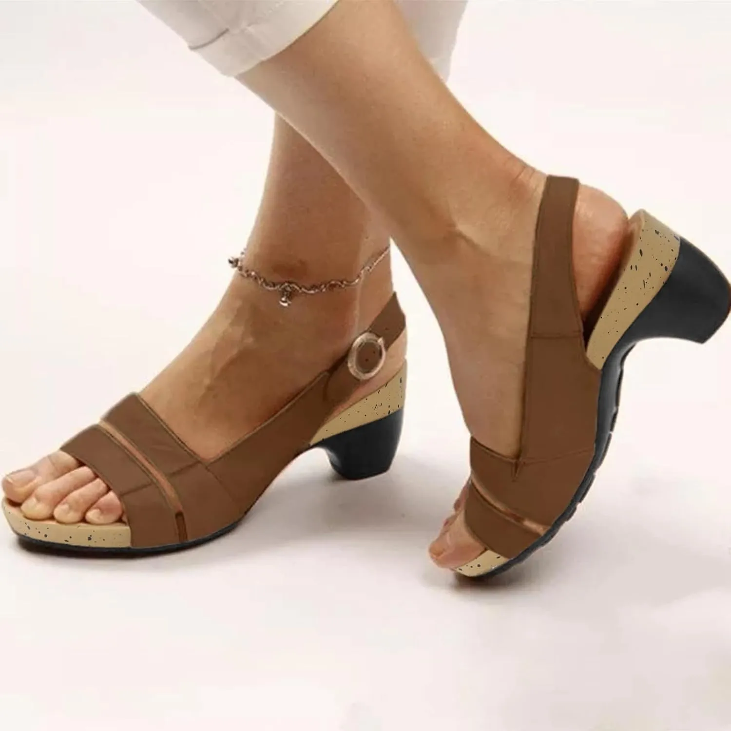 Womens Sexy High Chunky Heels Open Toe Platform Block Slingback Dress Pumps Shoes Glitter Elegant Comfortable Low Pump