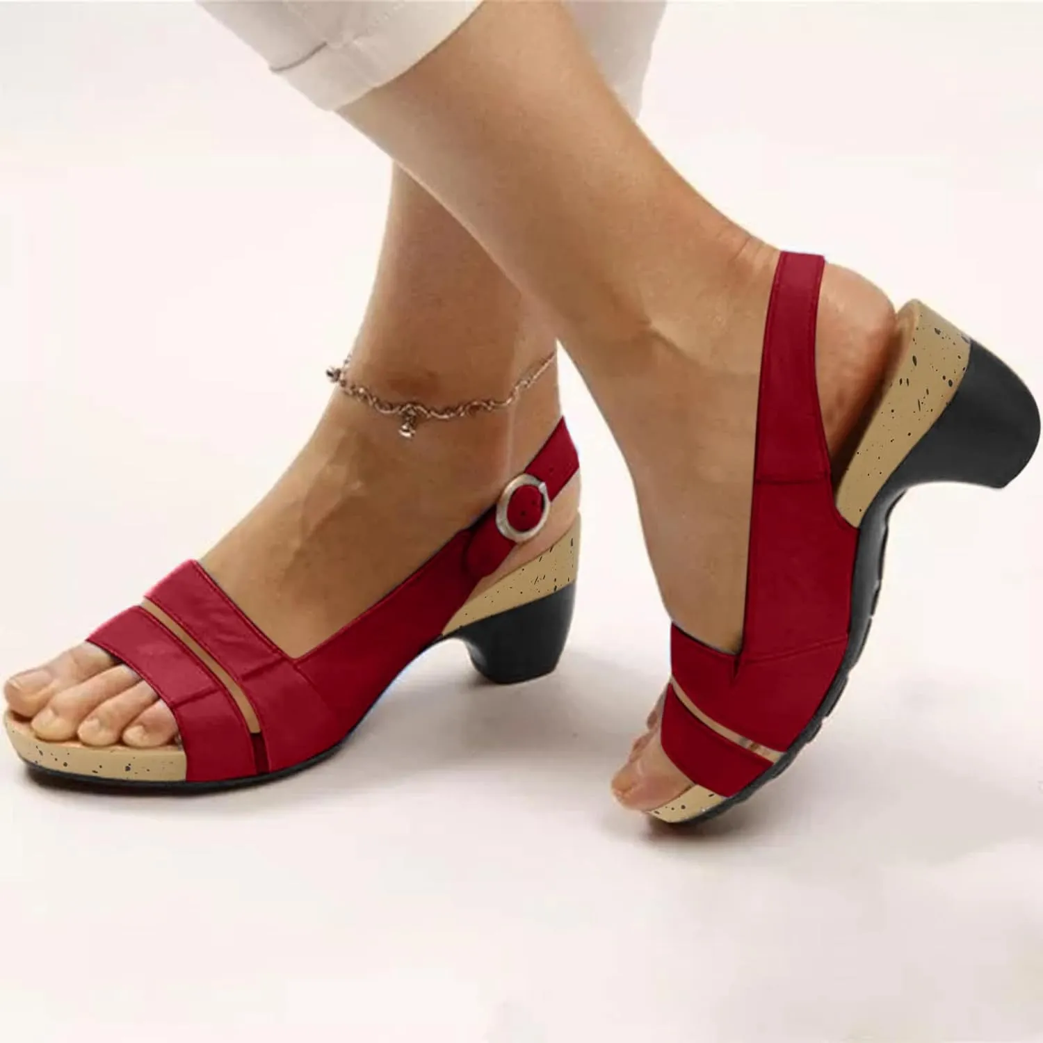 Womens Sexy High Chunky Heels Open Toe Platform Block Slingback Dress Pumps Shoes Glitter Elegant Comfortable Low Pump