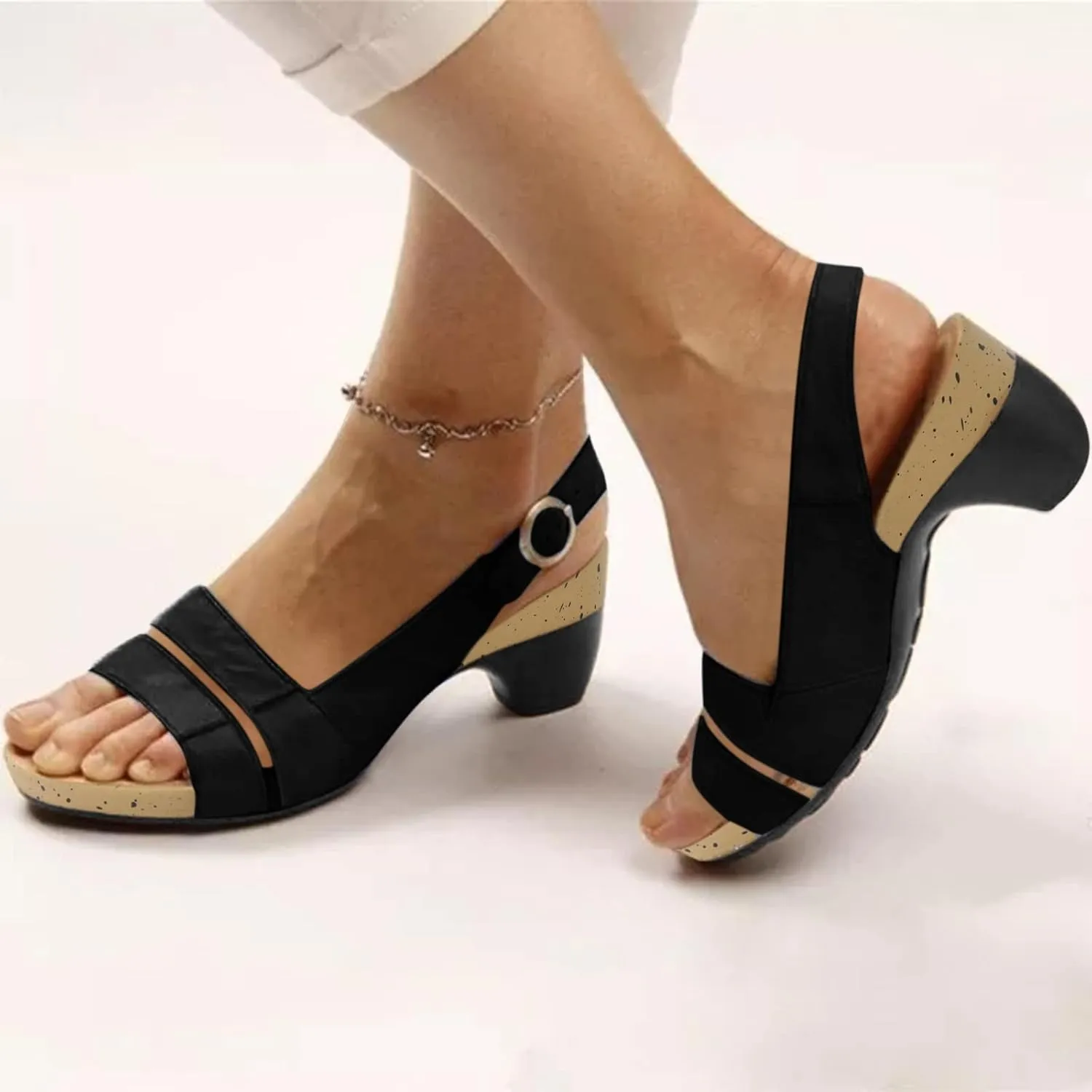 Womens Sexy High Chunky Heels Open Toe Platform Block Slingback Dress Pumps Shoes Glitter Elegant Comfortable Low Pump