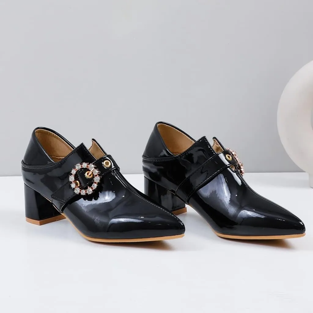 Women's Square Toe Buckle Pump Oxfords Patent Leather Chunky Mid Heels Western Classic Dress Shoes