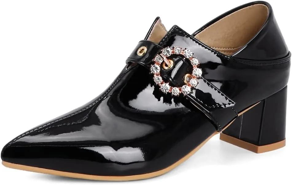 Women's Square Toe Buckle Pump Oxfords Patent Leather Chunky Mid Heels Western Classic Dress Shoes