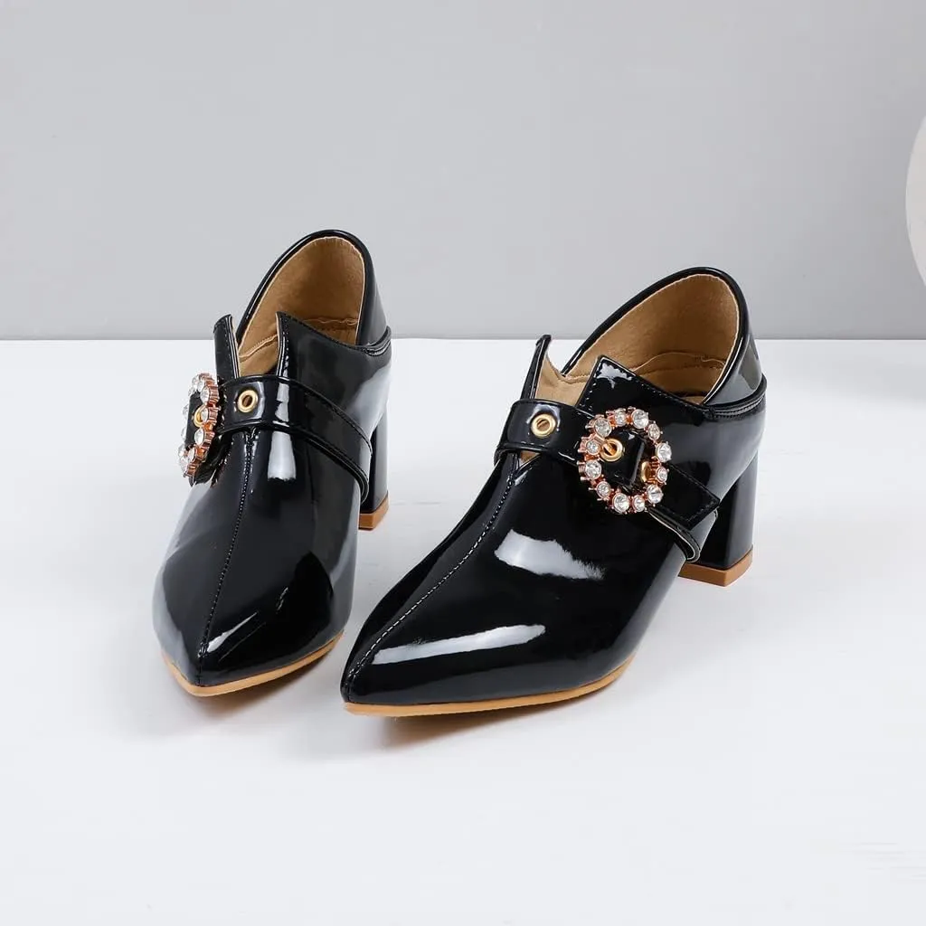 Women's Square Toe Buckle Pump Oxfords Patent Leather Chunky Mid Heels Western Classic Dress Shoes