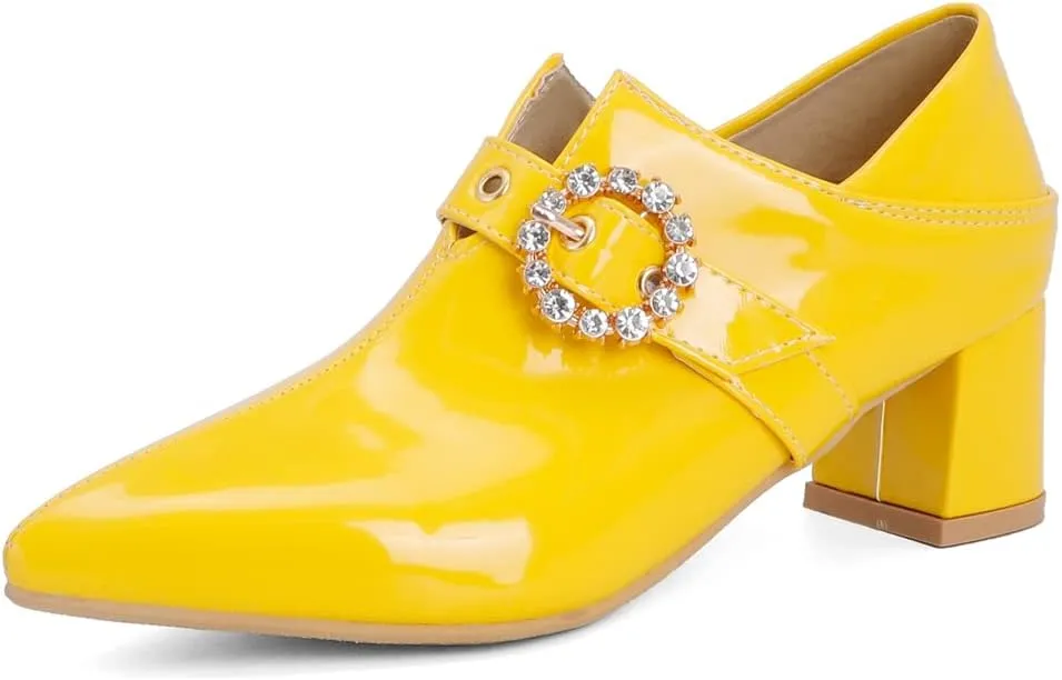 Women's Square Toe Buckle Pump Oxfords Patent Leather Chunky Mid Heels Western Classic Dress Shoes