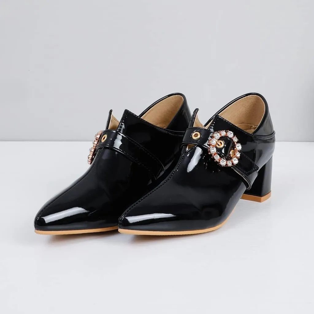 Women's Square Toe Buckle Pump Oxfords Patent Leather Chunky Mid Heels Western Classic Dress Shoes