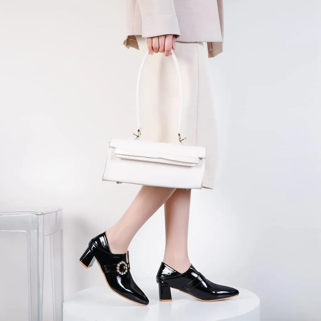 Women's Square Toe Buckle Pump Oxfords Patent Leather Chunky Mid Heels Western Classic Dress Shoes