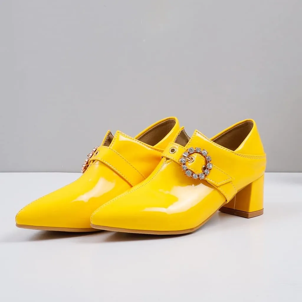 Women's Square Toe Buckle Pump Oxfords Patent Leather Chunky Mid Heels Western Classic Dress Shoes
