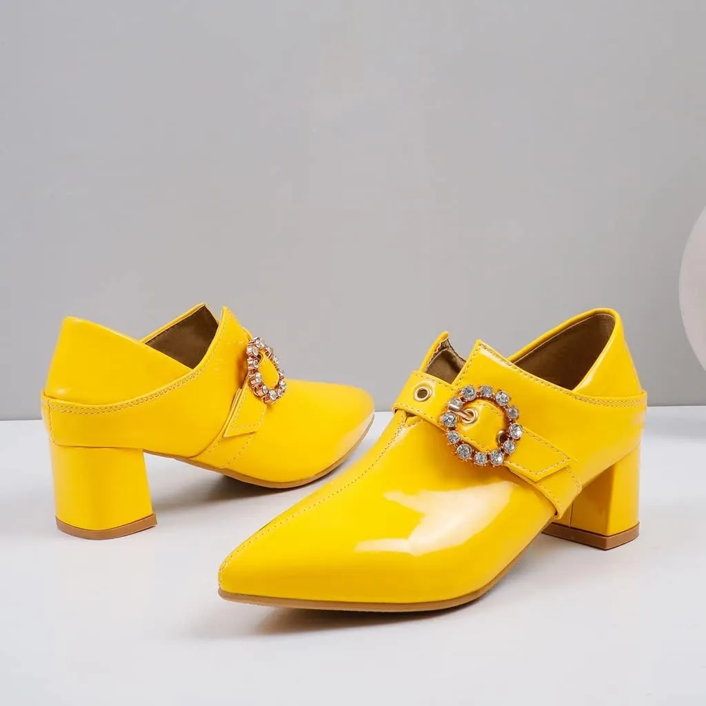 Women's Square Toe Buckle Pump Oxfords Patent Leather Chunky Mid Heels Western Classic Dress Shoes