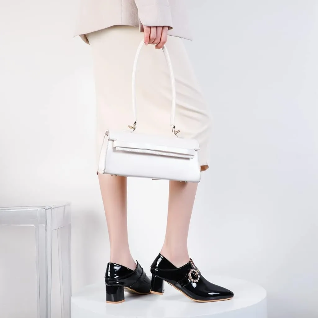 Women's Square Toe Buckle Pump Oxfords Patent Leather Chunky Mid Heels Western Classic Dress Shoes