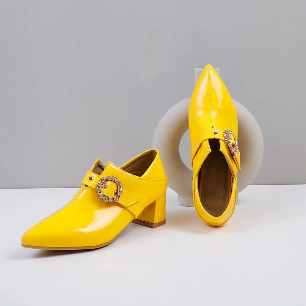 Women's Square Toe Buckle Pump Oxfords Patent Leather Chunky Mid Heels Western Classic Dress Shoes