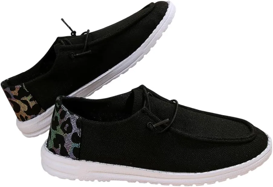 Women's Sunflower Print Canvas Casual Loafers Comfortable Light Weight Slip On Ultralight Sole Wide Boat Shoes Casual Lightweight Black Lace-Up Walking Flat Deck Shoes for Work and Traveling