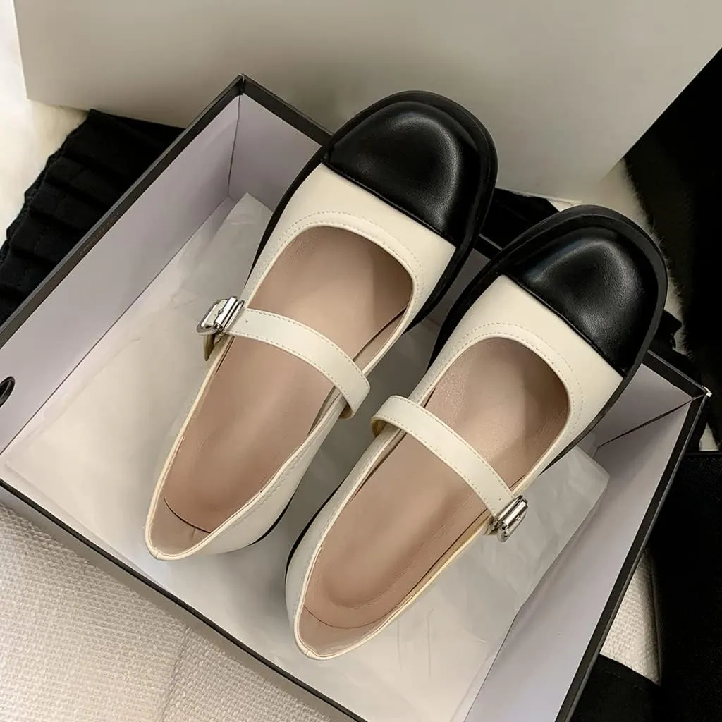 Women's Two Tone Mary Jane Flats Vintage Round Toe Wingtip Leather Low Heel Girls Dress Oxford Shoes