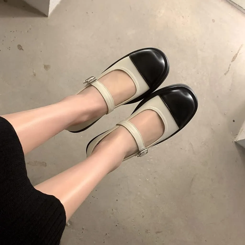 Women's Two Tone Mary Jane Flats Vintage Round Toe Wingtip Leather Low Heel Girls Dress Oxford Shoes