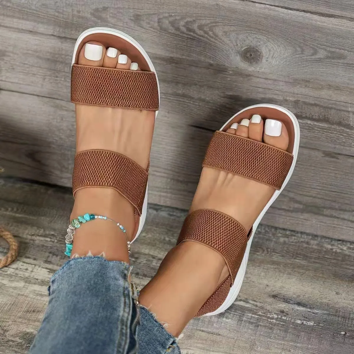 Women's Wedge Sandals Open Toe Knit Elastic Strap Slides Low Wedge Sandals Anti-Slip Lightweight Flat Sandals Concise Casual Summer Shoes Slip On Indoor Outdoor